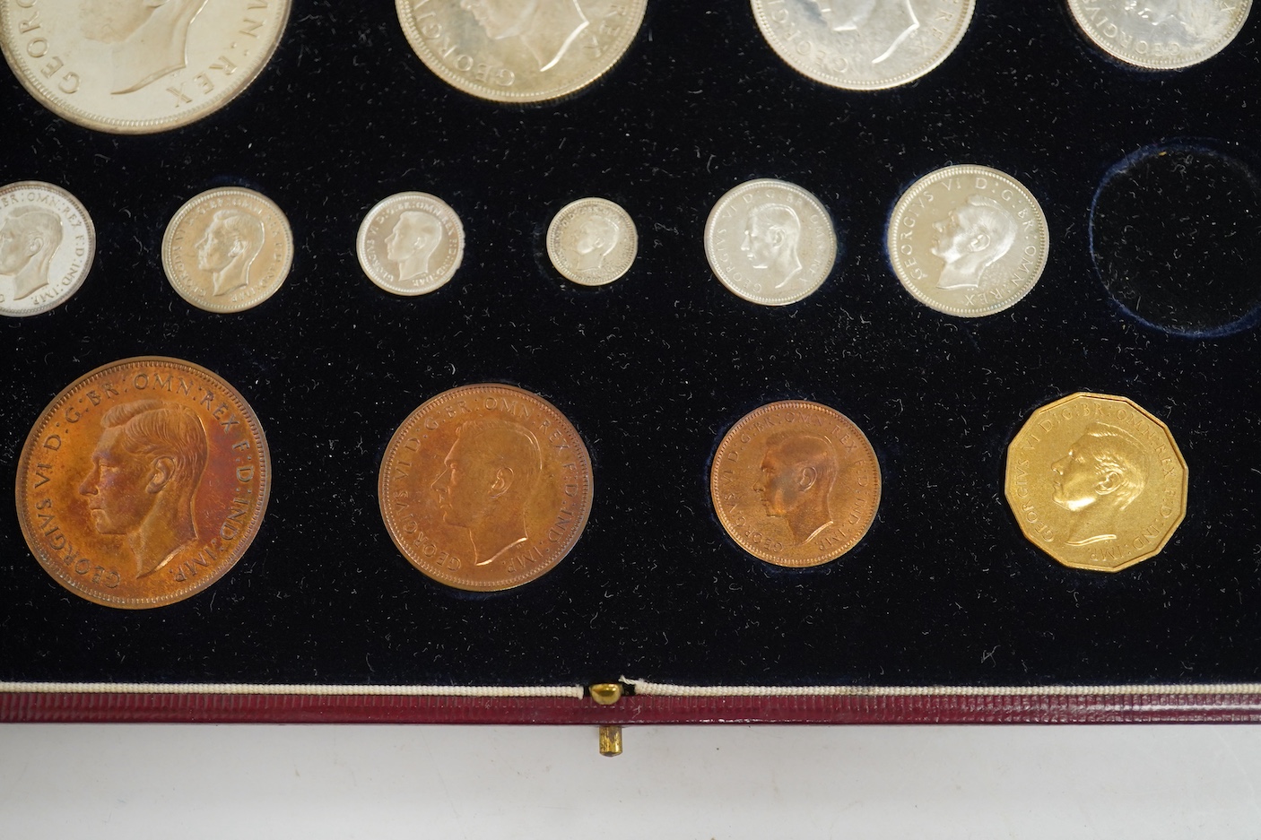 British coins, George VI, specimen coronation coin set, 1937, comprising farthing to crown, Maundy 1d - 4d (14 of 15, one shilling lacking), white residue to some coins otherwise proof like UNC